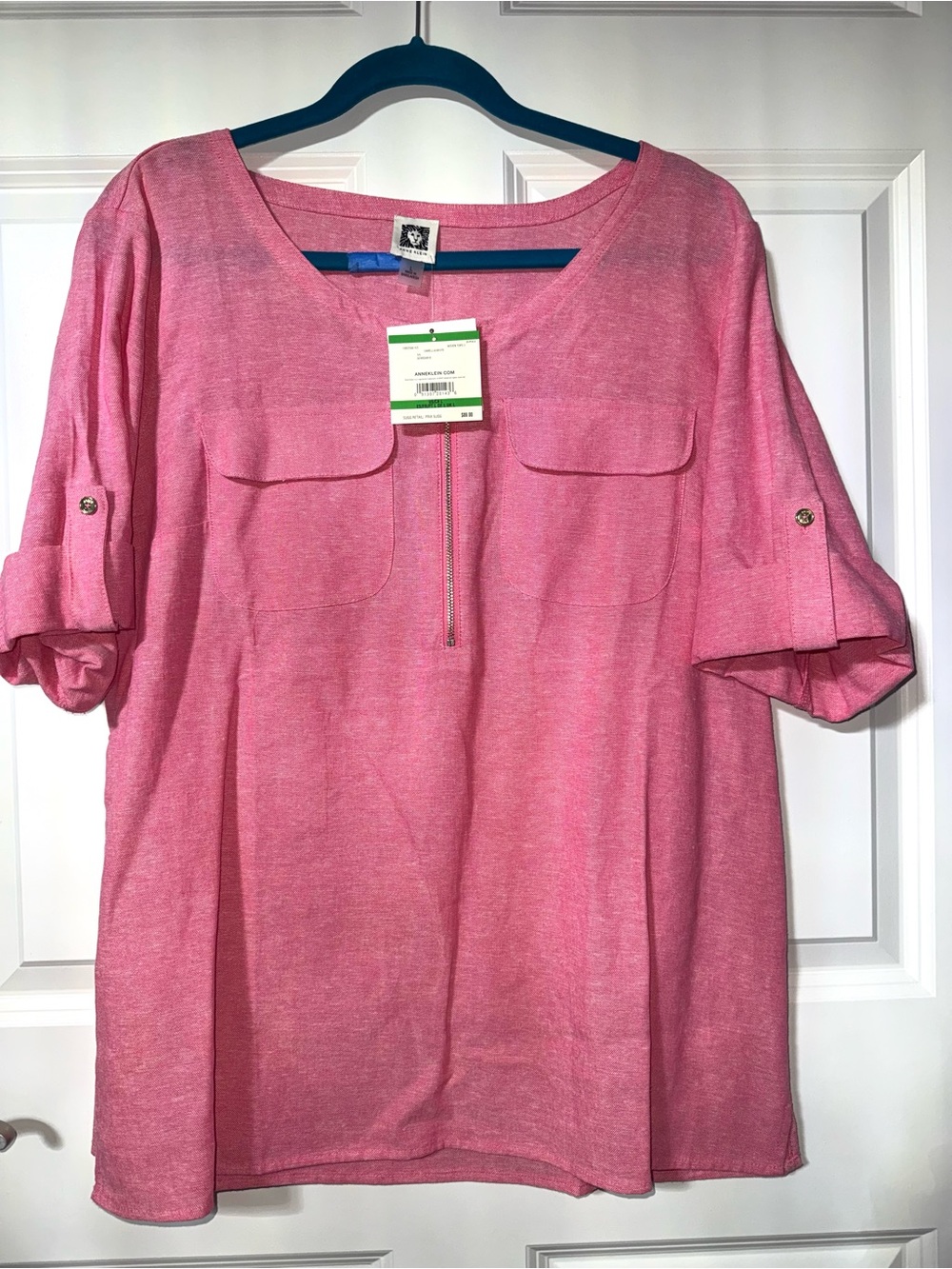 Anne Klein linen blend Pink Short Sleeve Top Zip detail L